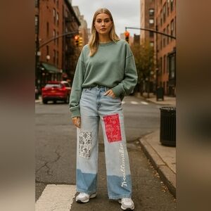 Adika “Troublemaker” Patchwork Wide Leg Jeans – Size Large Bandana Print Patches